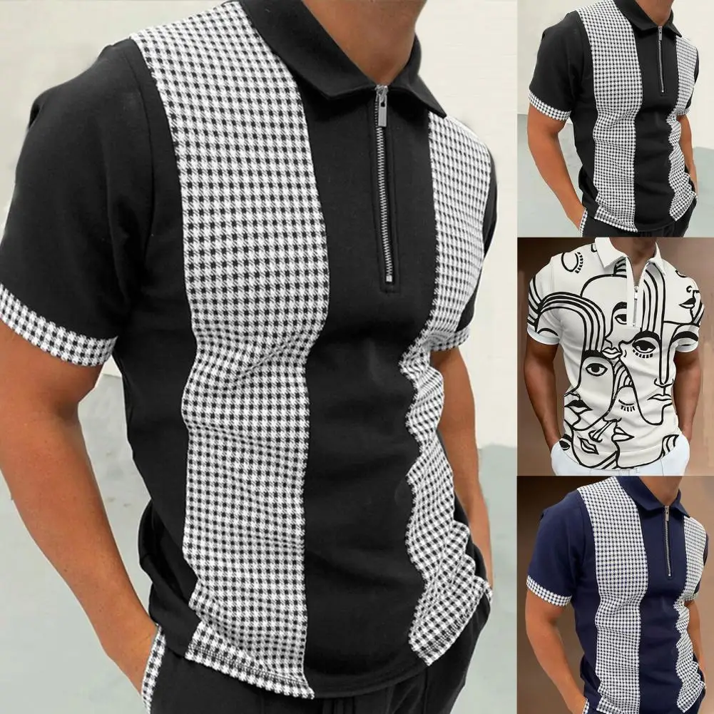 

Classic Tee Shirt Zipper Print Comfy Print Zipper Summer Slim Shirt