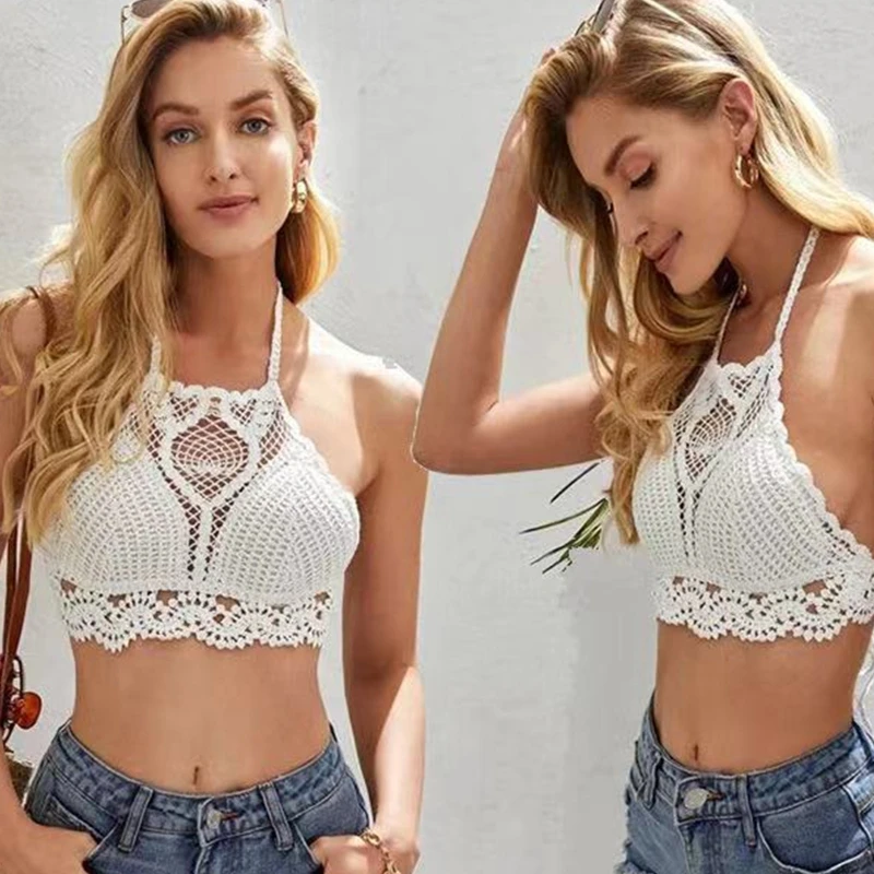 Женский пляжный вязанный крючком бюстгальтер бикини с цветочным принтом и