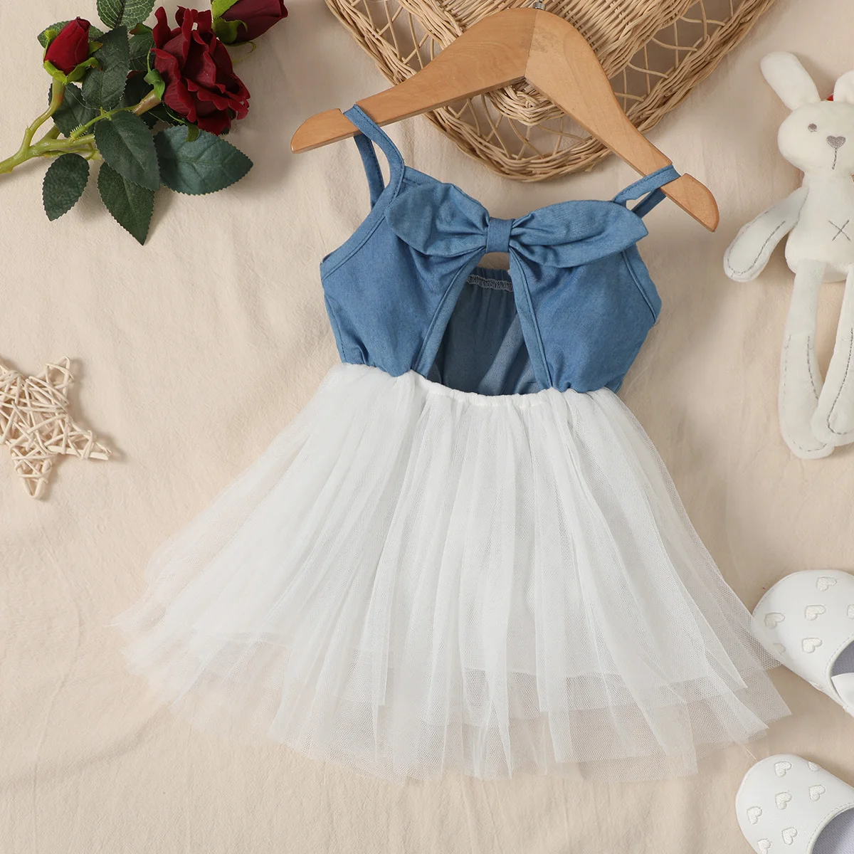 

Одежда для новорожденных, платья для девочек, летнее джинсовое платье с бантом на подтяжках, комбинированное белое Сетчатое платье, новое м...