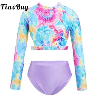 kids girls ballet gymnastics leotards set colorful print long sleeves athletic crop topbrief shorts outfits dance sport clothes