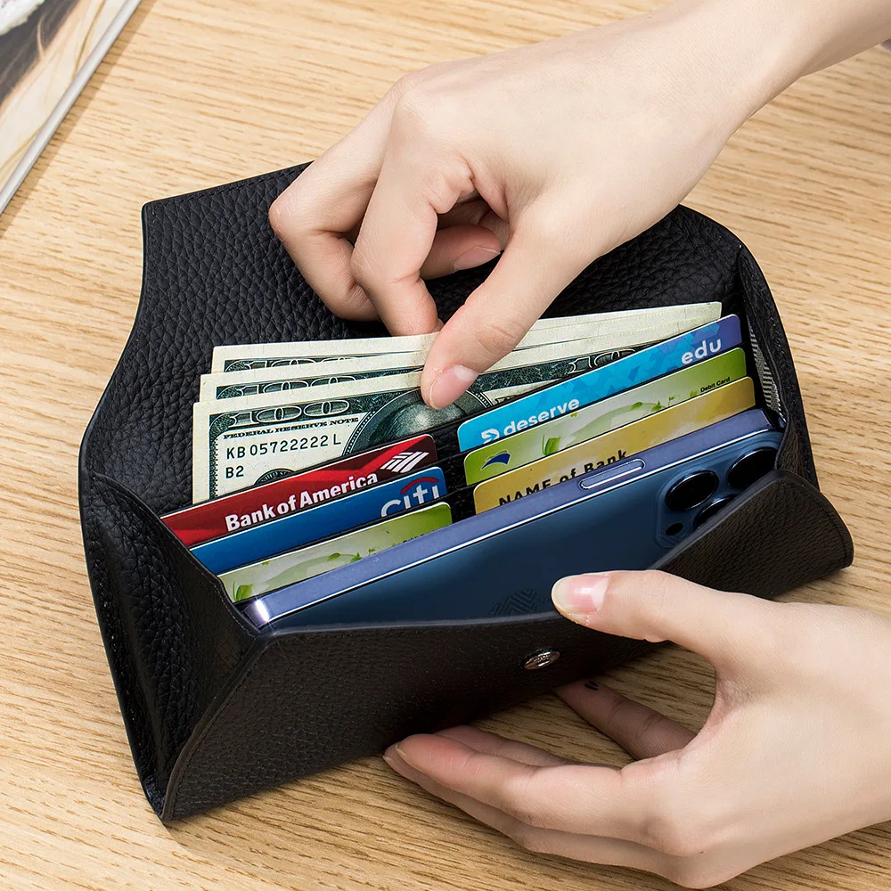 Genuine Leather Women Wallets Luxury Long Hasp Lychee Pattern Coin Purses Female Brand Solid Colors New Thin Clutch Phone Bag