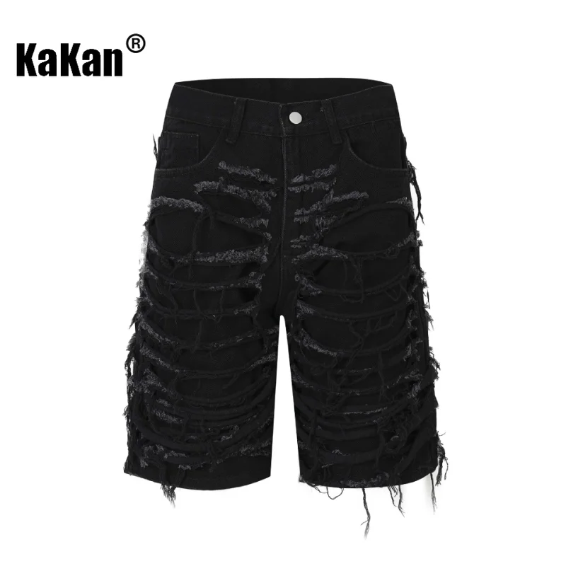 Kakan - Broken Street Hole Cut Cat Beard Jeans Men's Capris, Personalized Fashion Brand Loose Wide Leg Jeans K57-CG86811