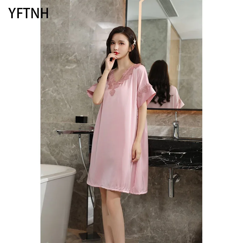 

Пижама YFTNH женская с V-образным вырезом, мягкая Тонкая шелковая рубашка с коротким рукавом для сна, пикантная Пижама, ночная рубашка