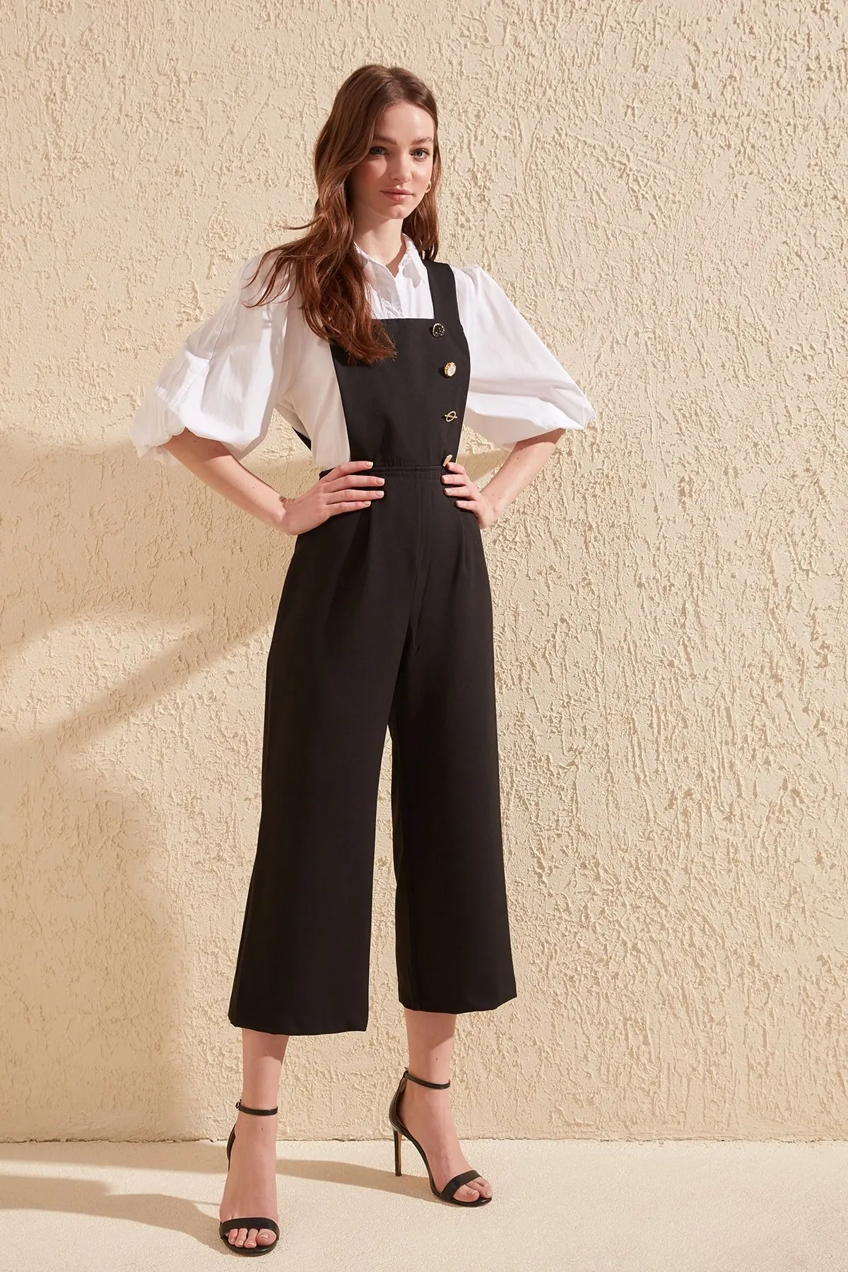

Women's Overalls Black Button Detailed Jumpsuit Hot Style Quality Fabric Sleeveless Baggy Trousers Casual Jumpsuit