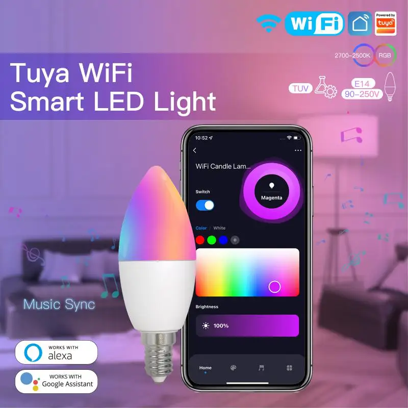 

Умная светодиодная лампочка TUYA Smart WiFi E14, лампочка с регулируемой яркостью, лампочка для умного дома для Alexa Google Home, Яндекс. Алисы, 5 Вт