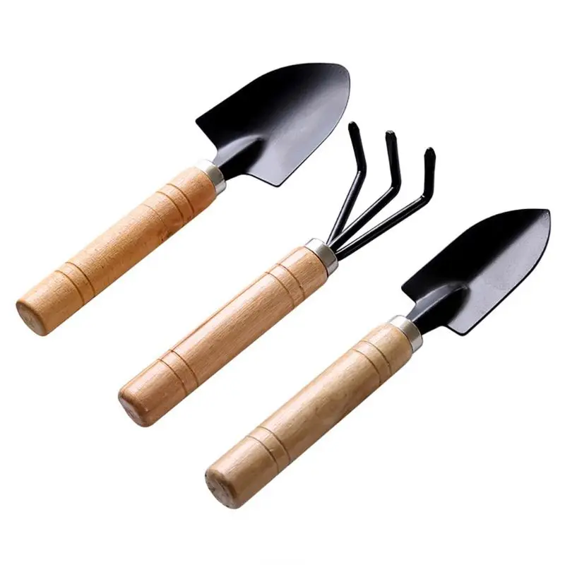 

3pcs Mini Garden Shovel Rake Spade Erramientas Bonsai Tools Set Wooden Handle for Flowers Potted Plant Garden Tools