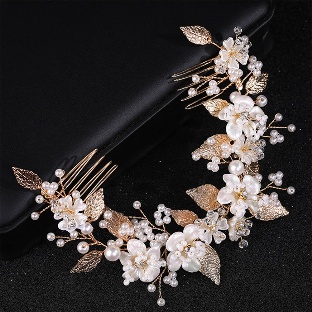

Bride Headbands with Hair Combs Luxury Flower Hairband Floral Tiara and Crown Princess Jewelry Pearls Headwear Wedding Headpiece