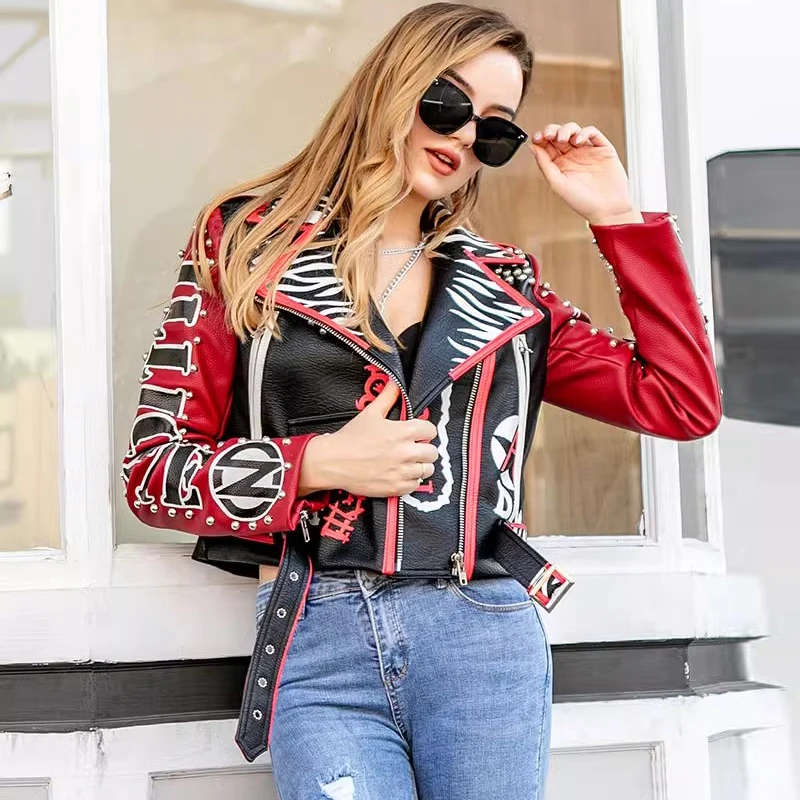 Graffiti Print Motorcycle Leather Jacket Women 2023 Trend Punk Rivets Streetwear Black Red Stitched Faux Leather Cropped Jacket