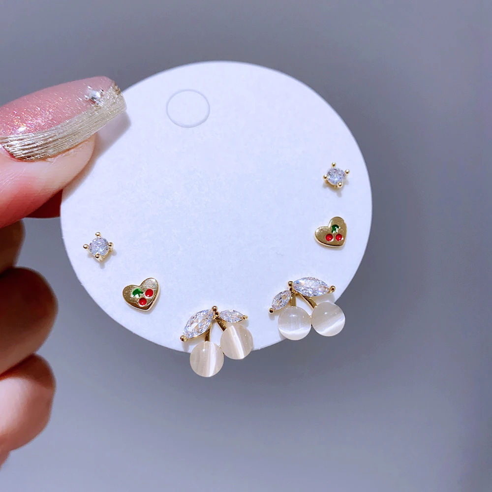 Высококачественные 3-парные серьги-гвоздики с камнем кошачий глаз и вишней для