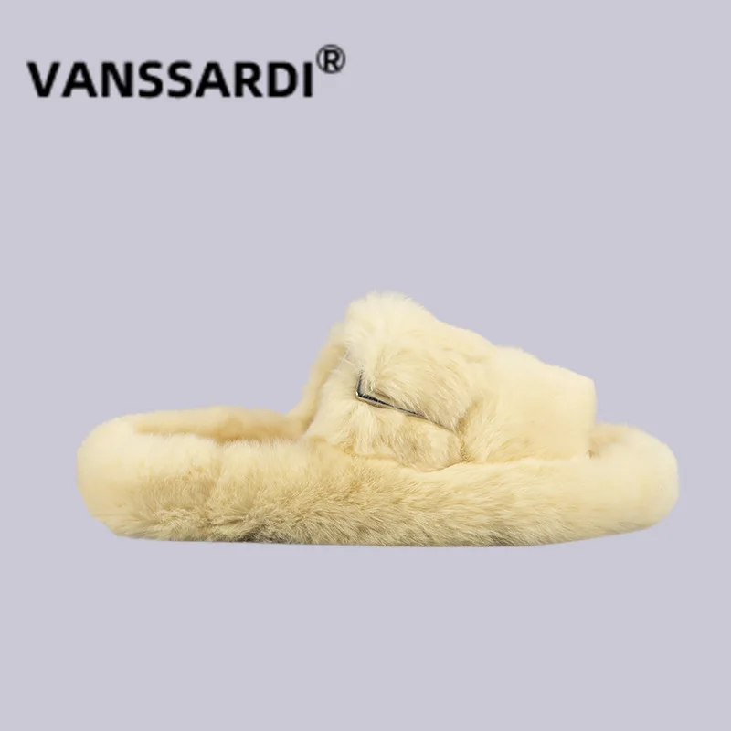 

Home Slippers Plush Rex Rabbit Fur Ladies Anti-slip Indoor and Outdoor Wear Fashion Warm All-match Ladies Fur Lazy Tow