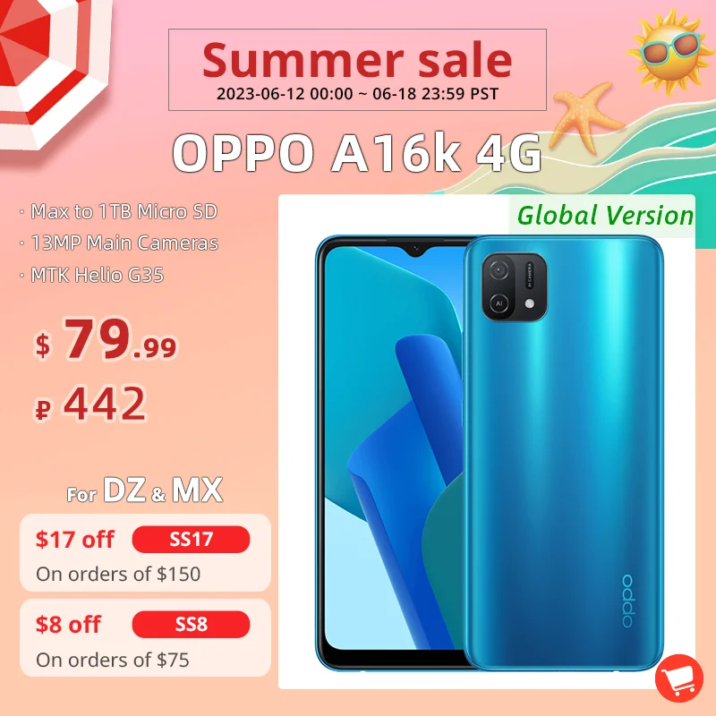 

Global Version OPPO A16k 16 k Smartphone MTK Helio G35 Octa Core 3/4GB 32/64GB 6.52 HD+ Screen 13MP Main Camera 4230mAh 4G Phone