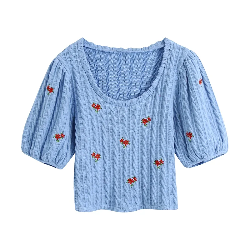 

MESTTRAF Sexy Design 2022 Women Cable-knit Floral Embroidered Sweater Vintage O Neck Lantern Short Sleeve Female Pullovers