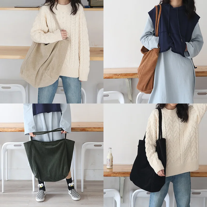 Women Fashion Corduroy Shoulder Bag Large Capacity Female Big Tote Handbag Folding Reusable Shopping Bags Thin Strap Cloth Bags