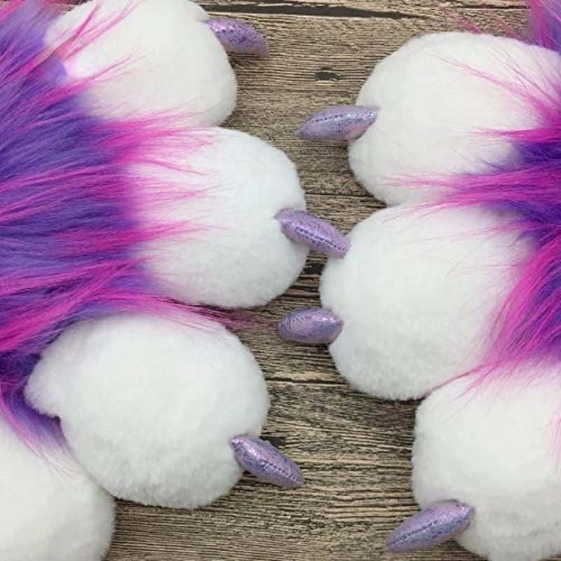 Fursuit Paws Furry Partial Cosplay Fluffy Claw Purplish Pink Gloves Costume Lion Bear Props for Kids Adults images - 6
