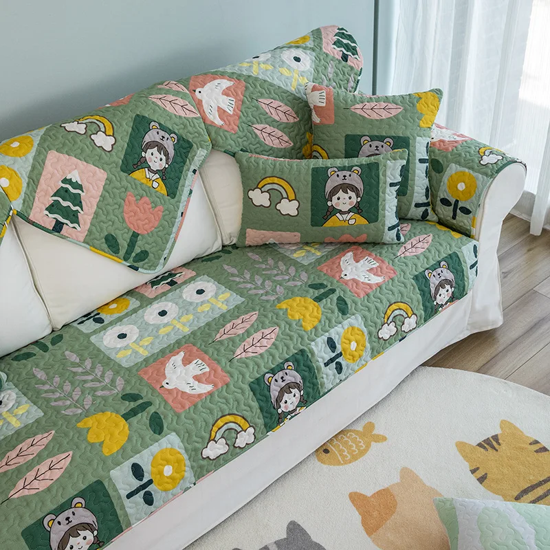 

Cotton Sofa Cover Modern Cartoon Couch Cover Geometric Non-slip Backrest Armrest Slipcover Sofa Protector Thick Towel Blanket