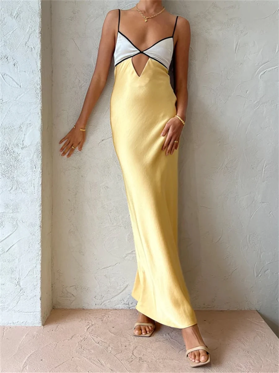 

chic and elegant woman dress Spagehtti Straps Satin Party Gown Vestidos Backless V Neck Cutout Sling Long Dress