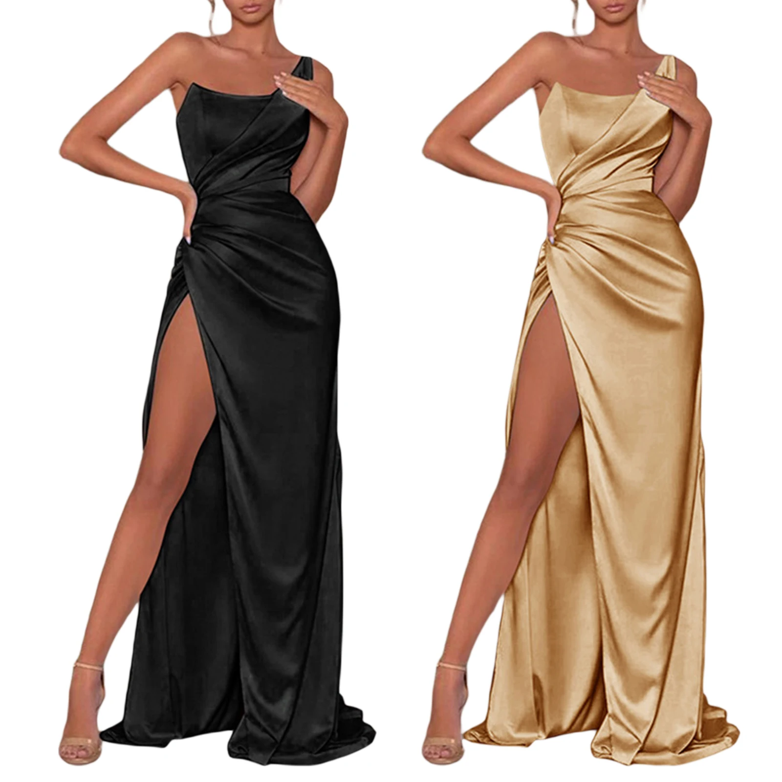 Women Fashion Evening Party Dress One-Shoulder Solid Color Long Dress High Waist High Slit Mopping Floor Dress (0)