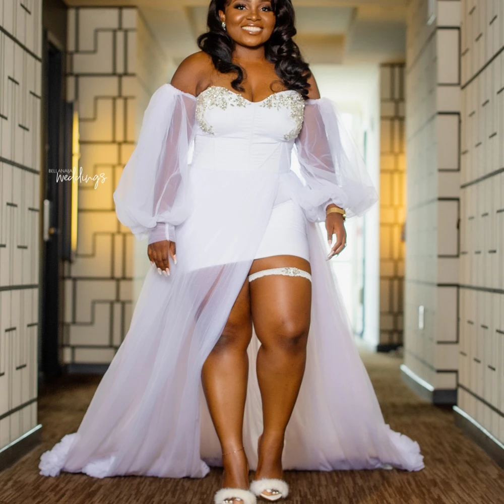 

White Bride Robes Off Shoulder Long Sleeve Side Split Sweep Train Crystal Beading African Wedding Gowns Bridal Shower Dresses