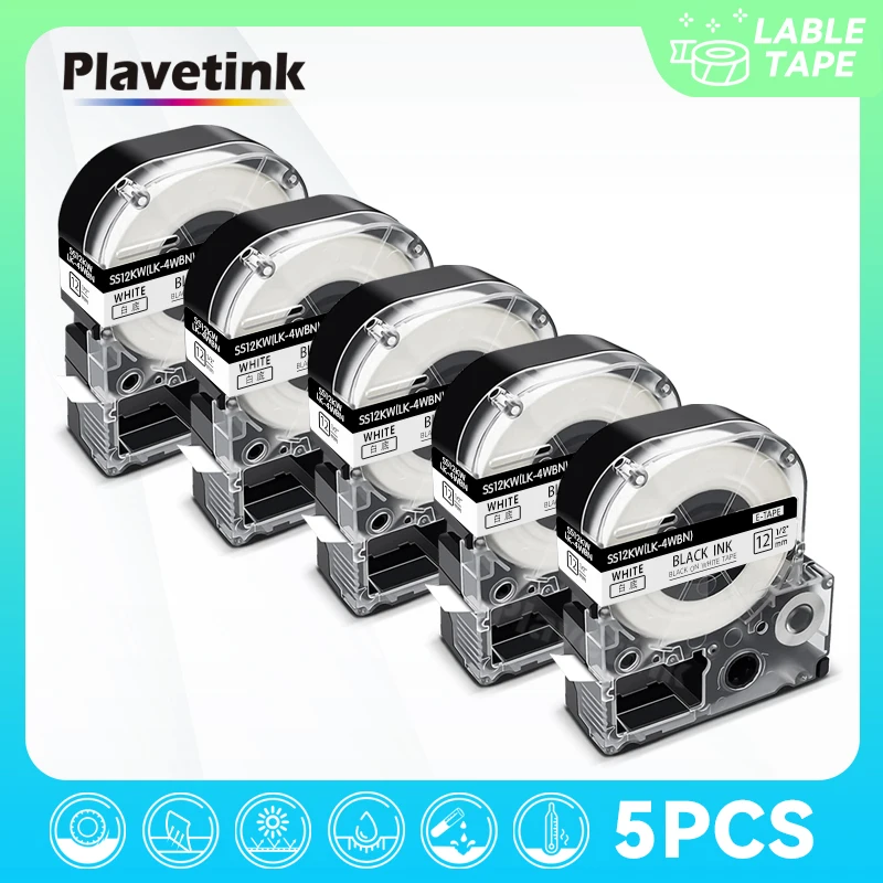 

PLAVETINK 5pcs 12MM Black on White SS12KW/LC-4WBN LC-4WBN LK 4WBN tape for kingjim/epson for LW300 LW400 Labeling Machine