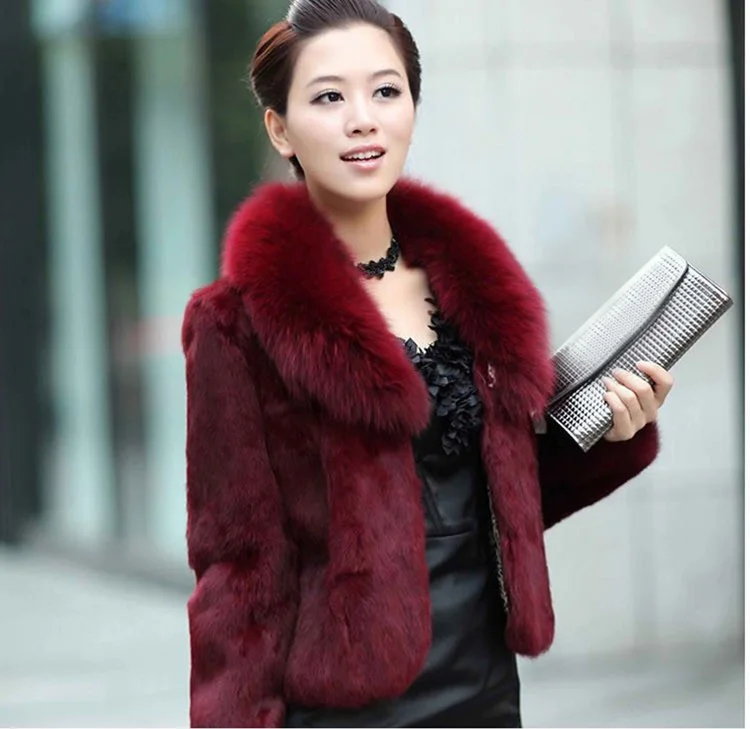 Real genuine natural Women's rabbit fur coat with fox fur collar girl's fashion fur jacket short style warm winter