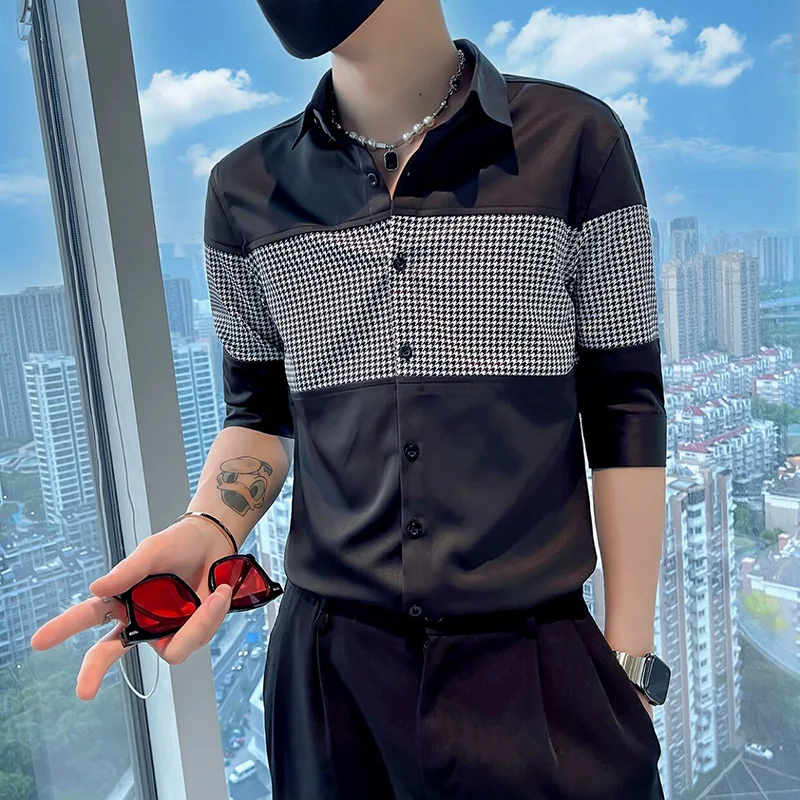 

2022 Summer Splicing Shirts Men Half Sleeve Slim Casual Shirts male Slim Fit Business Social Formal Dress Shirts Streetwear