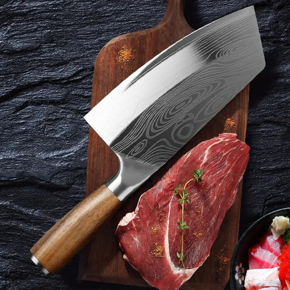 

8-inch Cleaver Knife Wood Handle Chinese Chef Knives Chicken Vegetable Meat Fish Butche Knife Laser Damascus Cleaver Knives Tool