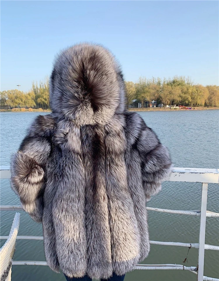 Women Winter Real Silver Fox Fur Coat Long Genuine Fur Jacket Fashion Luxury Natural Fur Streetwear Hood Plush Outerwear Brand