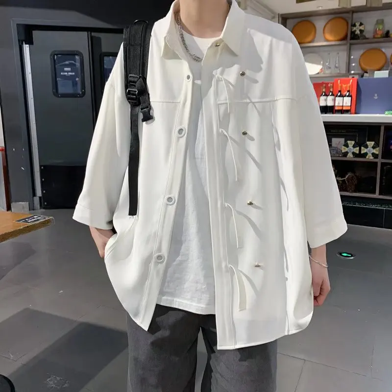 Summer Men Shirts Korean Fashion White Half Sleeve Shirts 2022 Mens Harajuku Black Oversized Shirt Male Button Up Shirts Blouses