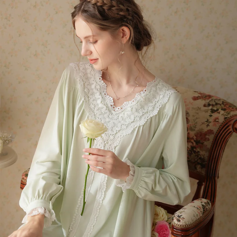 Long sleeve nightdress women's spring cotton court style sweet princess loose fitting home clothes large size can wear pajamas