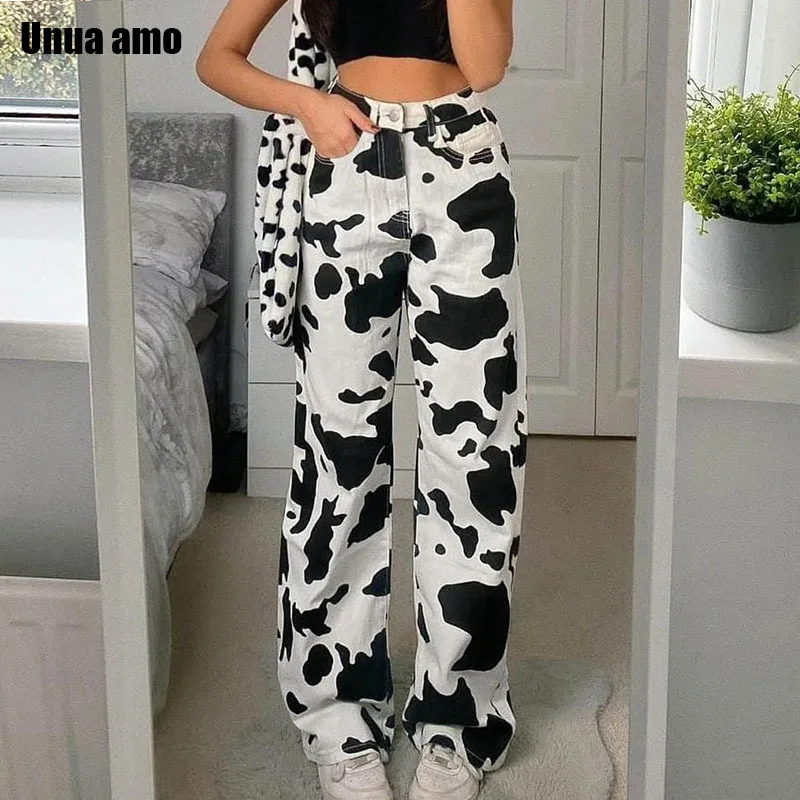 

Unua amo 2023 Vintage Cow Printed Baggy Jeans Woman Casual Straight Trousers Female Streetwear Wild Cargo Denim Pants