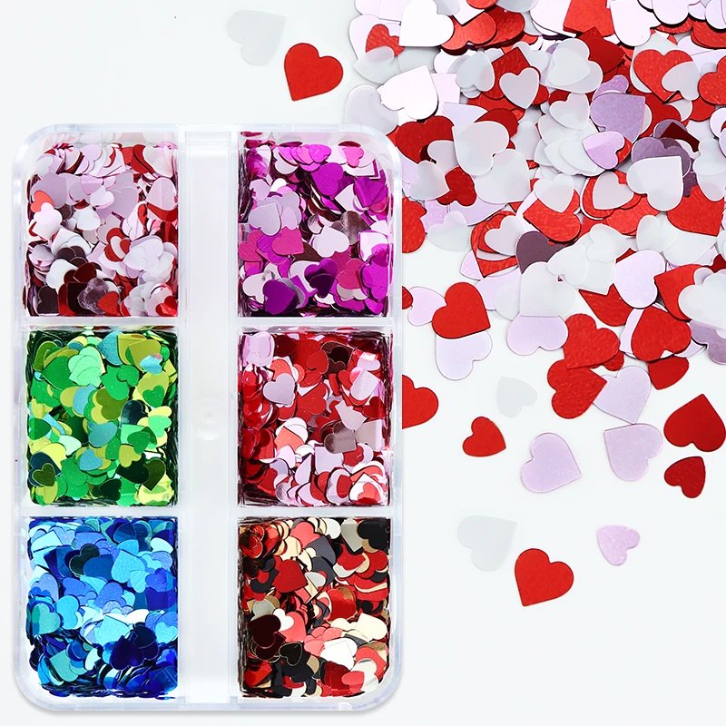 

6 Grids Love Hearts Nails Sequins Mixed Black Red Glitter Flakes for Gel Polish Valentines Decorations Nail Supplies Accesories