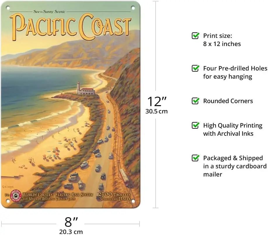 See the Sunny Scenc Pcfc Cost Clforn — ectrc (Red Cr) плакат Vntge Rlrod Trv от Kerne Erckson 8 x 12 nch Metl Tn