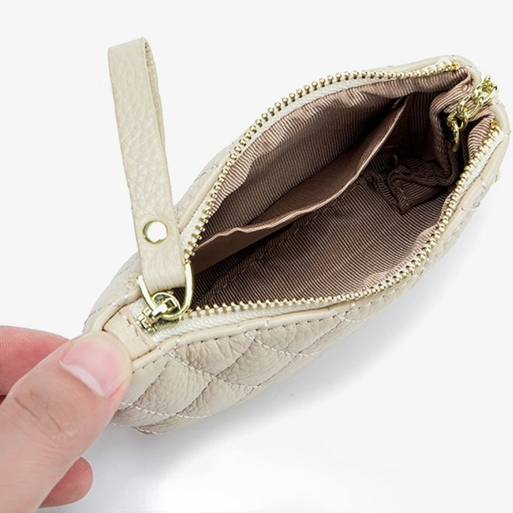 Genuine Leather Coin Purse Rhombus Embroidered Cowhide Mini Minimalist Zipper Bag Key Bag