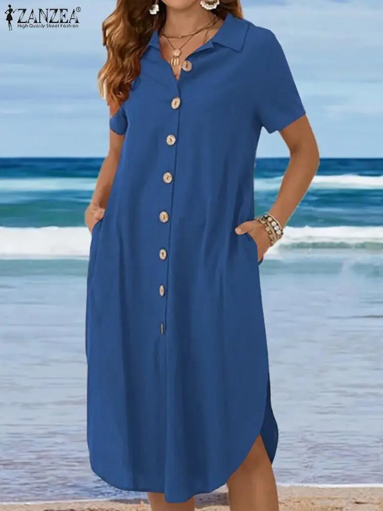 

Elegant Summer Lapel Neck Short Sleeve Midi Dress ZANZEA Women Fashion Solid Beach Sundress Robe Femme Casual Split hem Vestidos