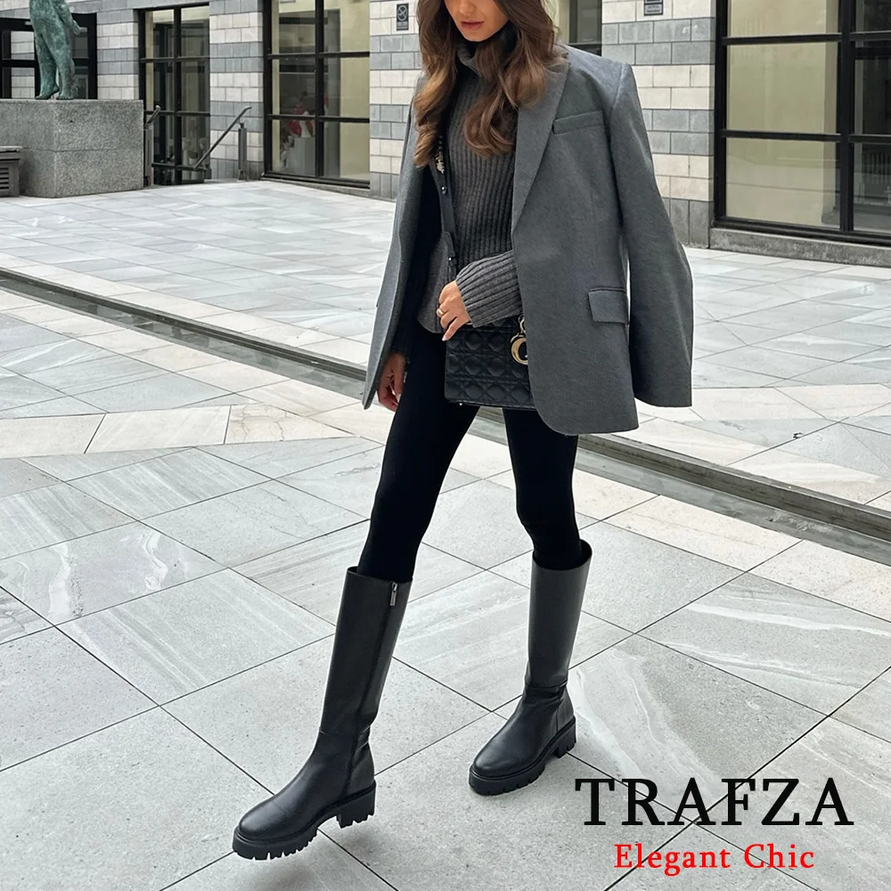 TRAFZA элегантный серый офисный блейзер женский однотонный пиджак с лацканами и