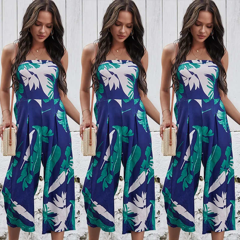 

Sexy chest wrapped digital printed jumpsuit wide leg pants for women