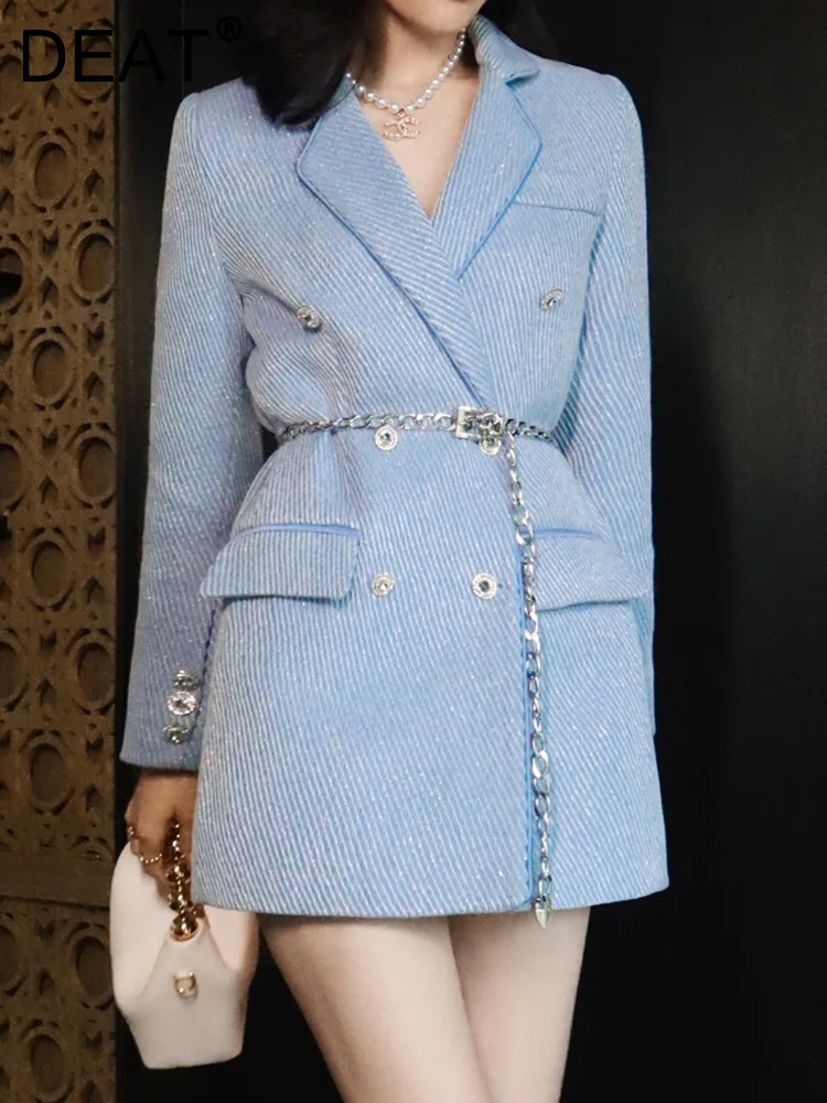 

DEAT Fashion Women's Blazer Notched Collar Long Sleeve Double Breasted Belt Waist Striped Suit Jackets Winter 2023 New 17A5499