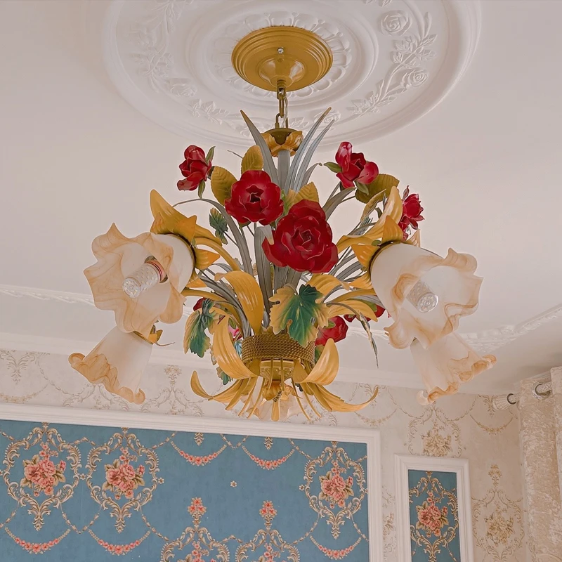 

European-Style Idyllic Living Room Chandelier Art Chandelier Wrought Iron Festive Lantern Flower Lamp Korean Bedroom Chandelier
