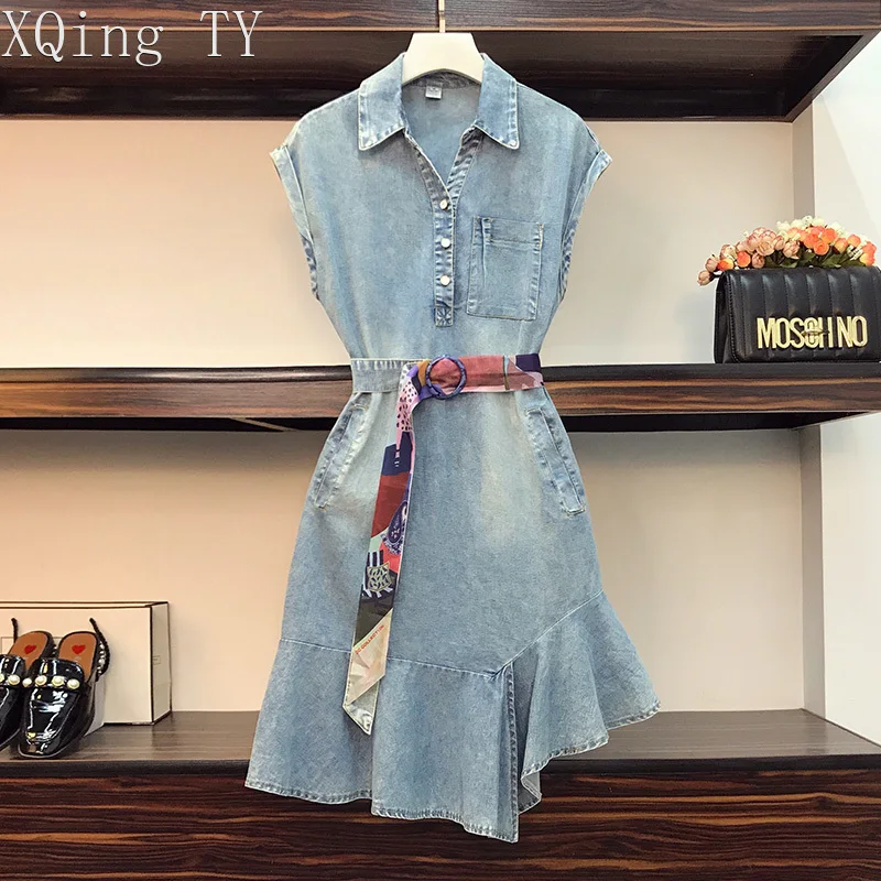 

Denim Dress Female Summer New Korean Style Fashion Vintage Sleeveless Irregular Stitching Ruffles Dress for Women With Sashes