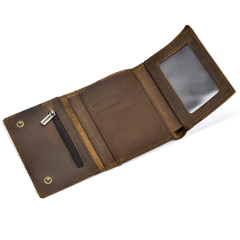 

Vintage Crazy Horse Leather Wallet Genuine Leather Short Wallet Retro Men's Coin Purse Chain Trifold Wallet