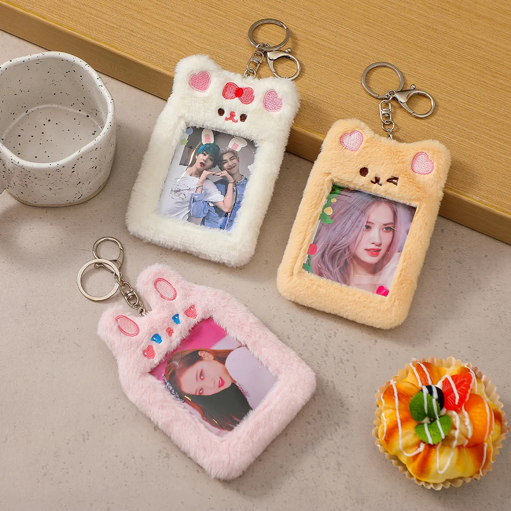 Kawaii Plush Photocard Holder Rabbit Bear Cat Kpop Idol Photo Card Holder Girl Cute Keychain ID Credit Bank Protector Stationery