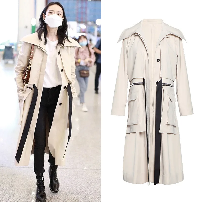 

[Stock] Tong Yao with the same temperament in the long khaki trench coat British wind coat female autumn dress Hepburn wind coat