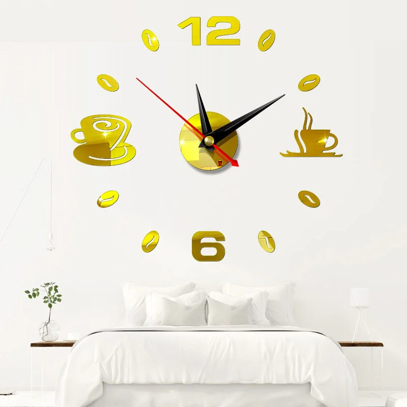 

Self-adhesive Kitchen 3D Analog Household Waterproof Wall Clock Art DIY Silent Modern Mirror Coffee Cup Decoration Acrylic
