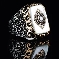 Silver Mother of Pearl Gemstone Ring , Silver Men Ring , Black Stone Ring , Ottoman Handmade 925 Sterling Silver Men Ring