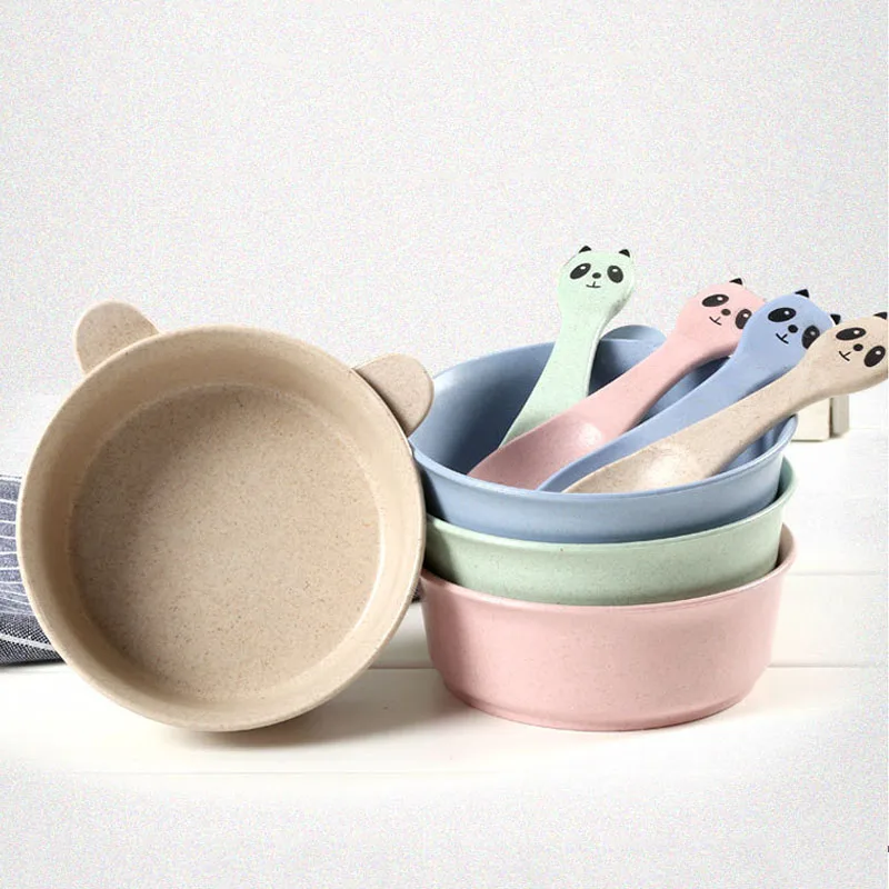 

Baby Feeding Food Tableware Cartoon Panda Kids Dishes Wheat Straw Baby Eating Dinnerware Set Anti-hot Baby Training Bowl Spoon