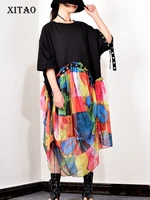 xitao 2020 summer new women dress minority chiffon splice trend loose dresses streetwear short sleeve clothes wld2120