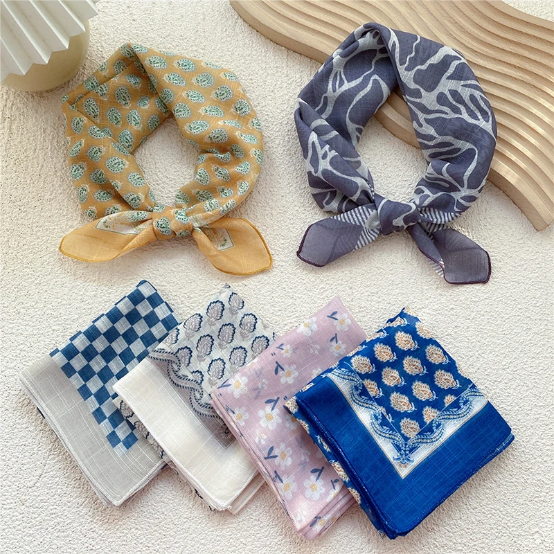 

58*58cm Floral Print Cotton Linen Scarf Headscarf Bandana Scarf Peacock Feather Printed Square Scarf Paisley Headband Women