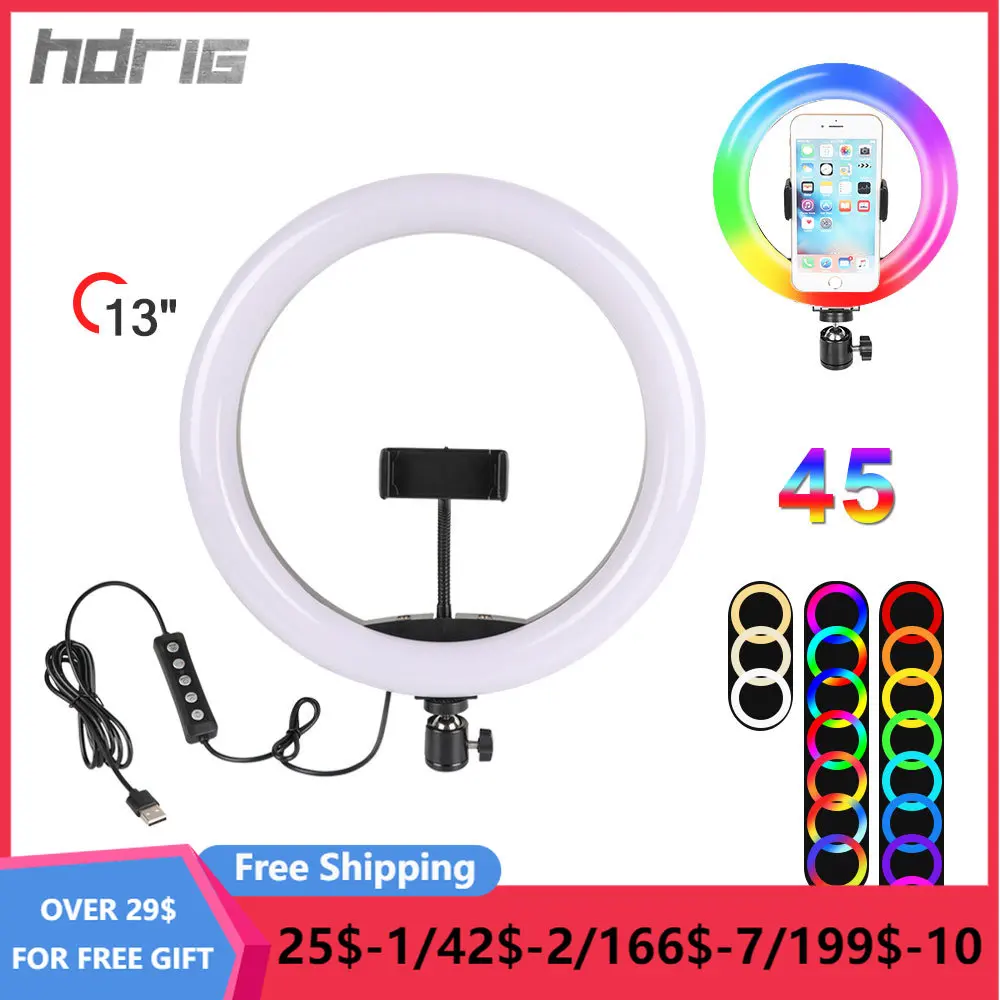 

Светодиодная кольцевая лампа HDRiG, регулируемый светильник для фотосъемки в реальном времени, 13 дюймов, RGB, 45 цветов