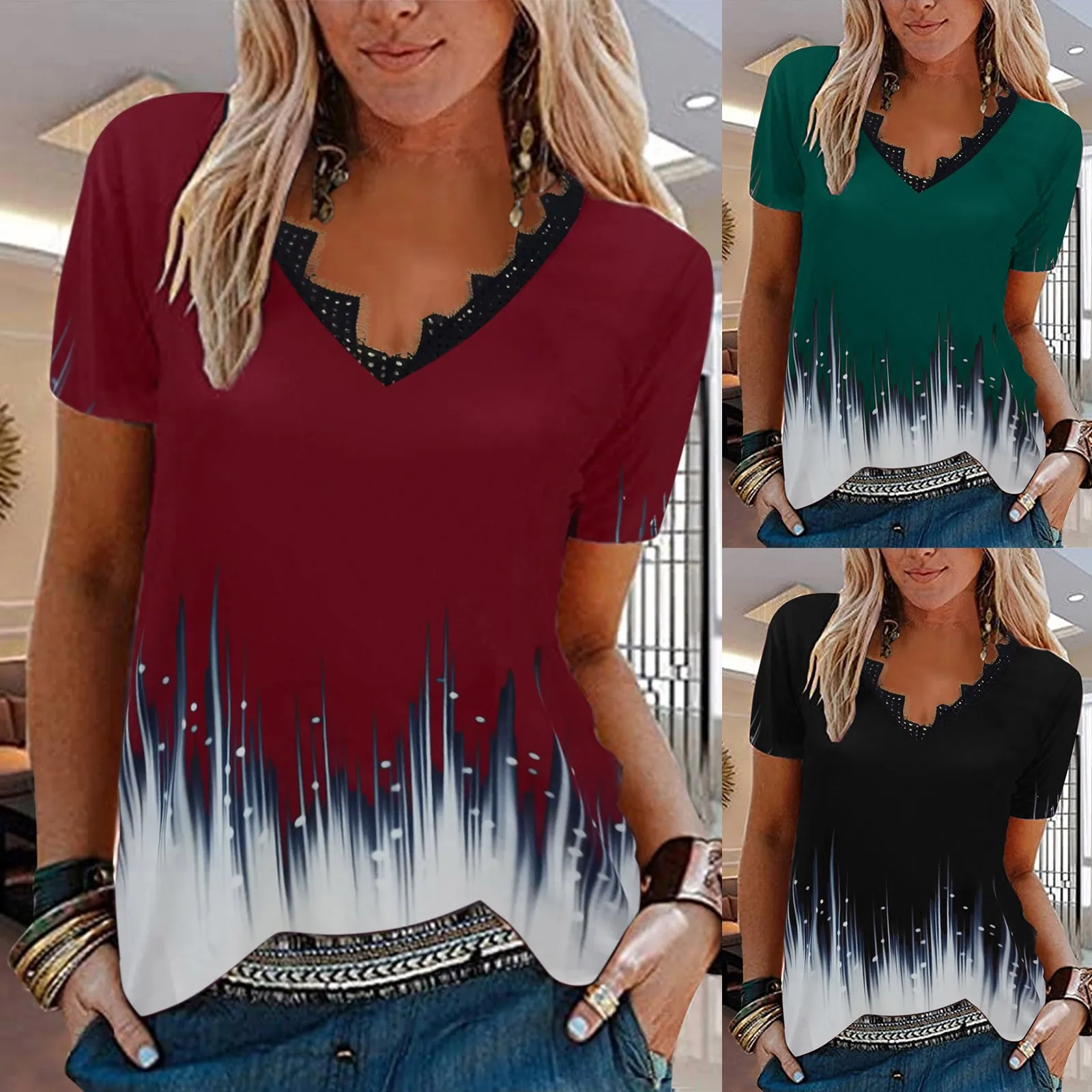 

Women V Neck Lace Panel T Shirt Gradient Print Short Sleeve Womens Bright Button down Shirts Purple Long Sleeve Shirt Teen