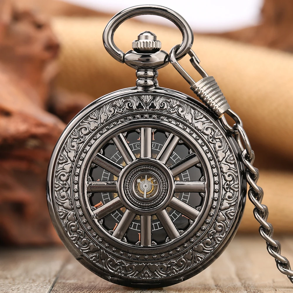 Vintage Black Hub Skeleton Mechanical Hand Winding Pocket Watch Fob Chain Rose Gold Roman Numerals Display Retro Manual Clock